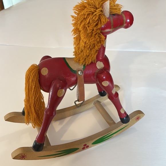 Wooden rocking horse, red with gold gold markings, 8.50”L, 9”T, Taiwan. - Picture 3 of 4